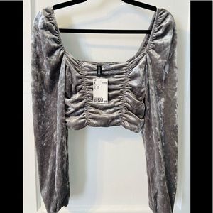 crushed velvet long sleeve crop top with ruching